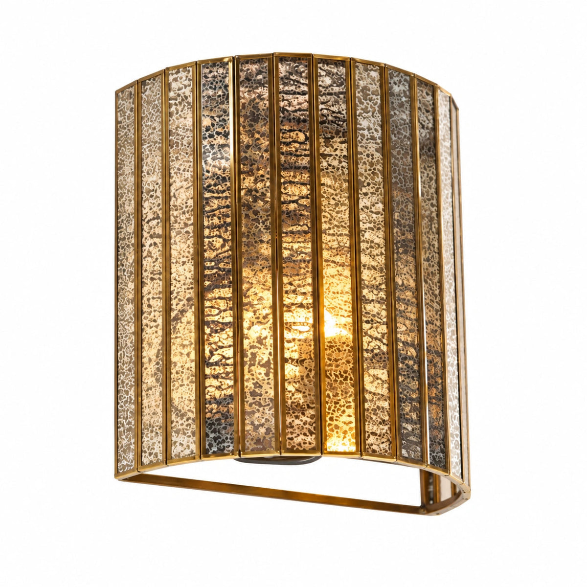 Designer brass wall sconce featuring textured silver antique glass for luxury living room décor