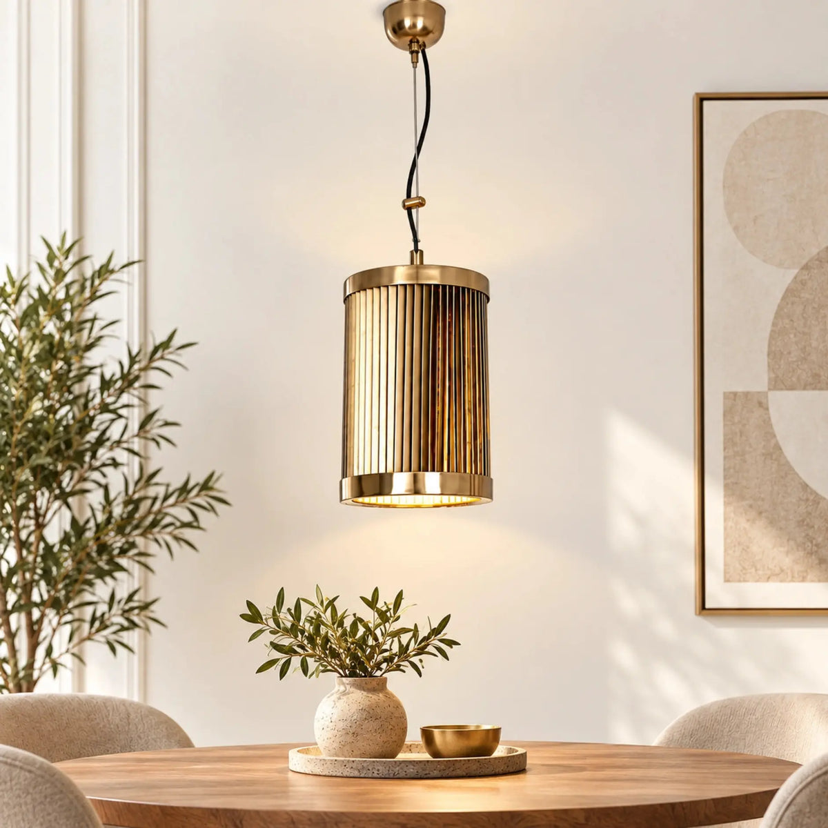 Metal Wire Pendant Light with Gold Finish and Cylindrical Ribbed Shade for Modern Interiors | ILLUMEA
