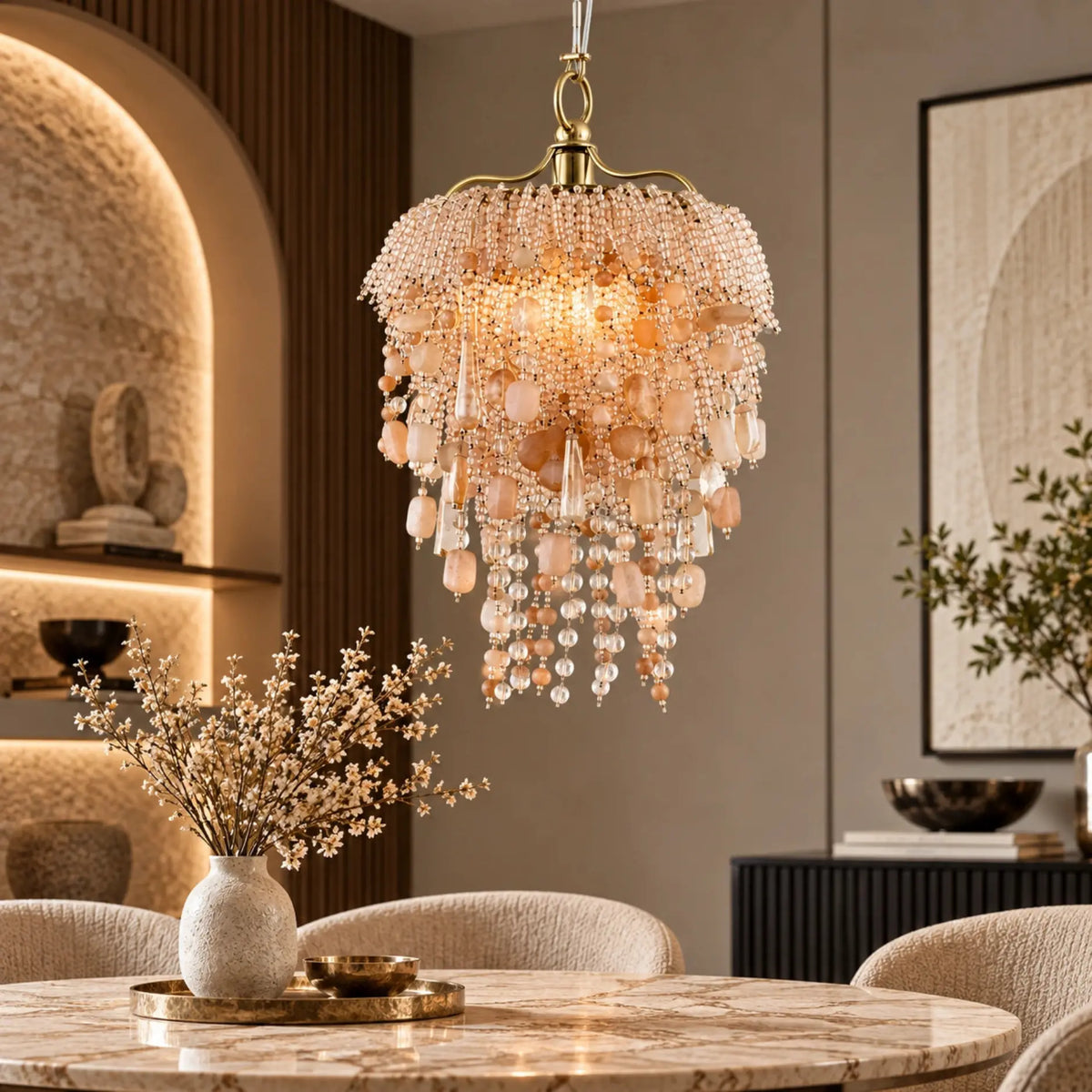 Nora Amber Mini Chandelier by ILLUMEA featuring amber-toned beads, delicate crystal accents, and a cascading design for stylish living and dining spaces