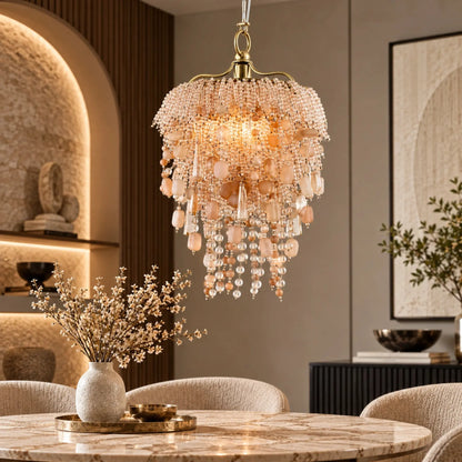 Nora Amber Mini Chandelier by ILLUMEA featuring amber-toned beads, delicate crystal accents, and a cascading design for stylish living and dining spaces