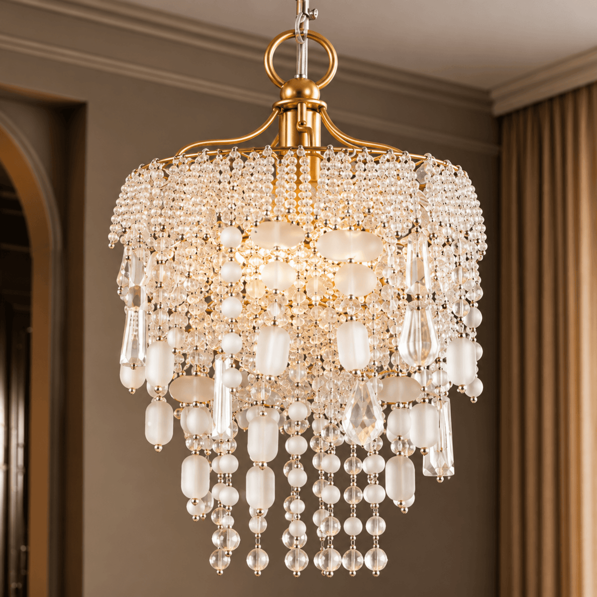 Nora Clear Mini Chandelier – ILLUMEA designer crystal lighting fixture for contemporary homes, luxury interiors, living rooms, and dining spaces