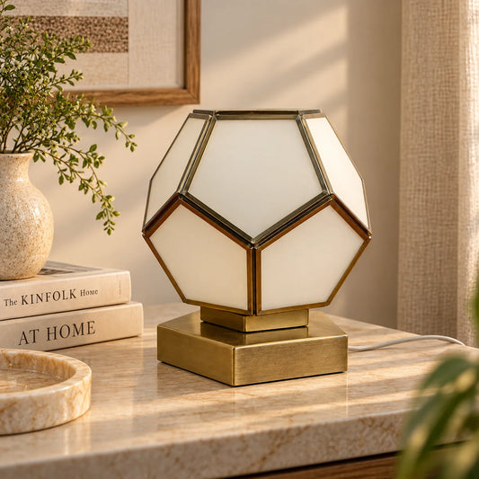 Pentagon Globe Table Lamp with frosted glass panels and brass metal frame for modern luxury home décor – ILLUMEA
