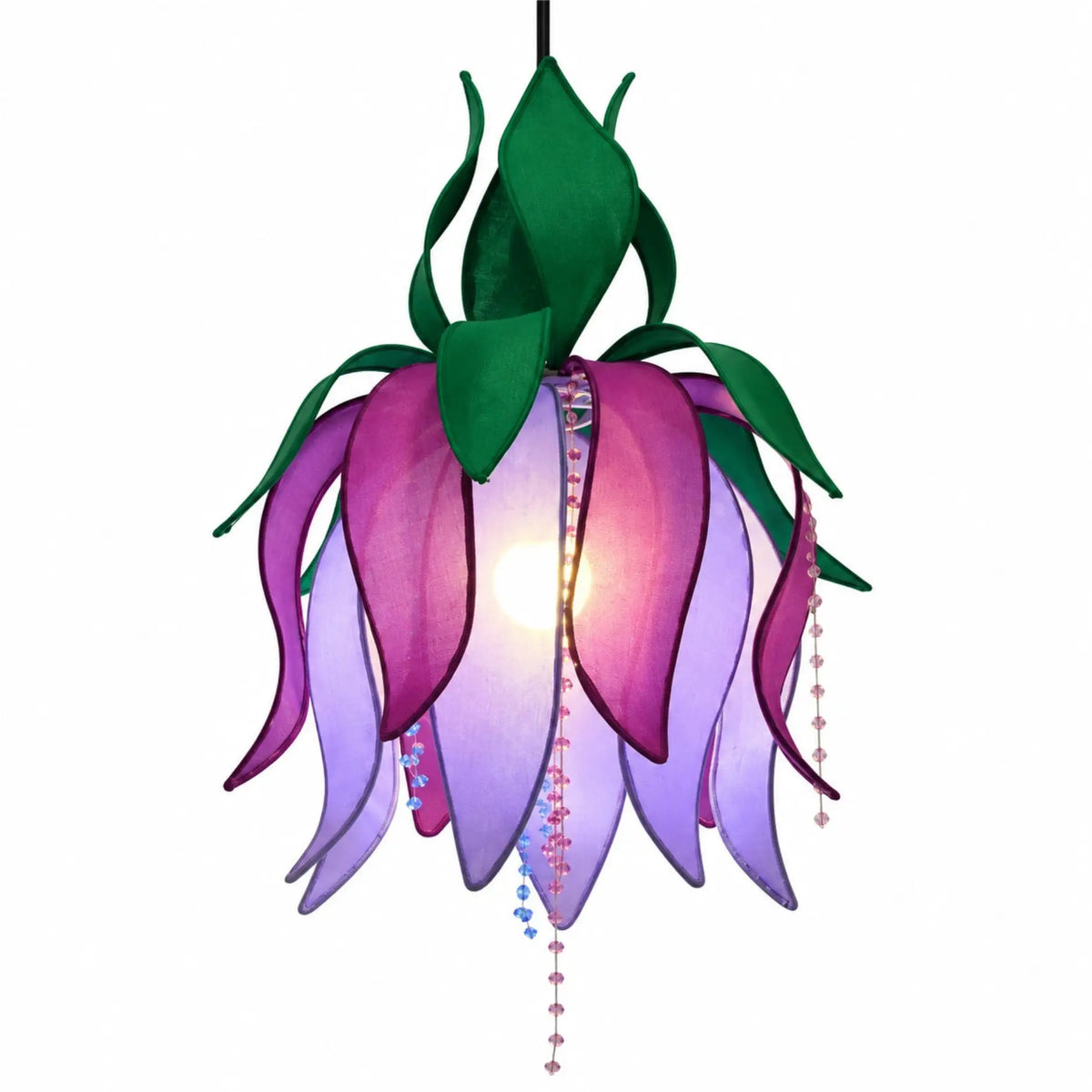 Handcrafted Purple Lotus Hanging Pendant Lamp with Colorful Fabric Petals for Elegant Home Décor | ILLUMEA