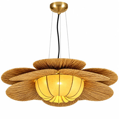 Natural Woven Raffia Pendant Light with Floral-Inspired Layered Design for Dining Rooms, Living Rooms, and Bedrooms | ILLUMEA