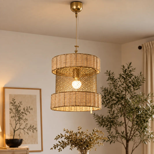 Elegant rattan pendant hanging light, perfect for stylish interior decor and ambient lighting solutions.
