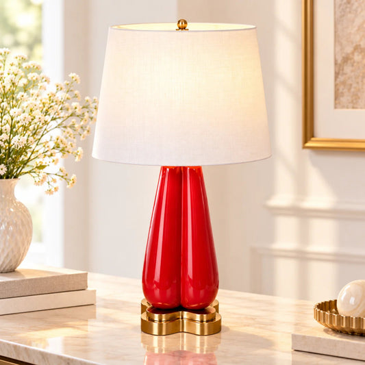 Elegant red enamel wooden table lamp with exquisite craftsmanship, perfect for luxurious home decor and ambient lighting