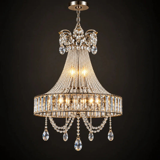 Royale Crystal Glass Chandelier with Cascading Crystal Beads and Teardrop Pendants for Luxury Home Interiors – ILLUMEA
