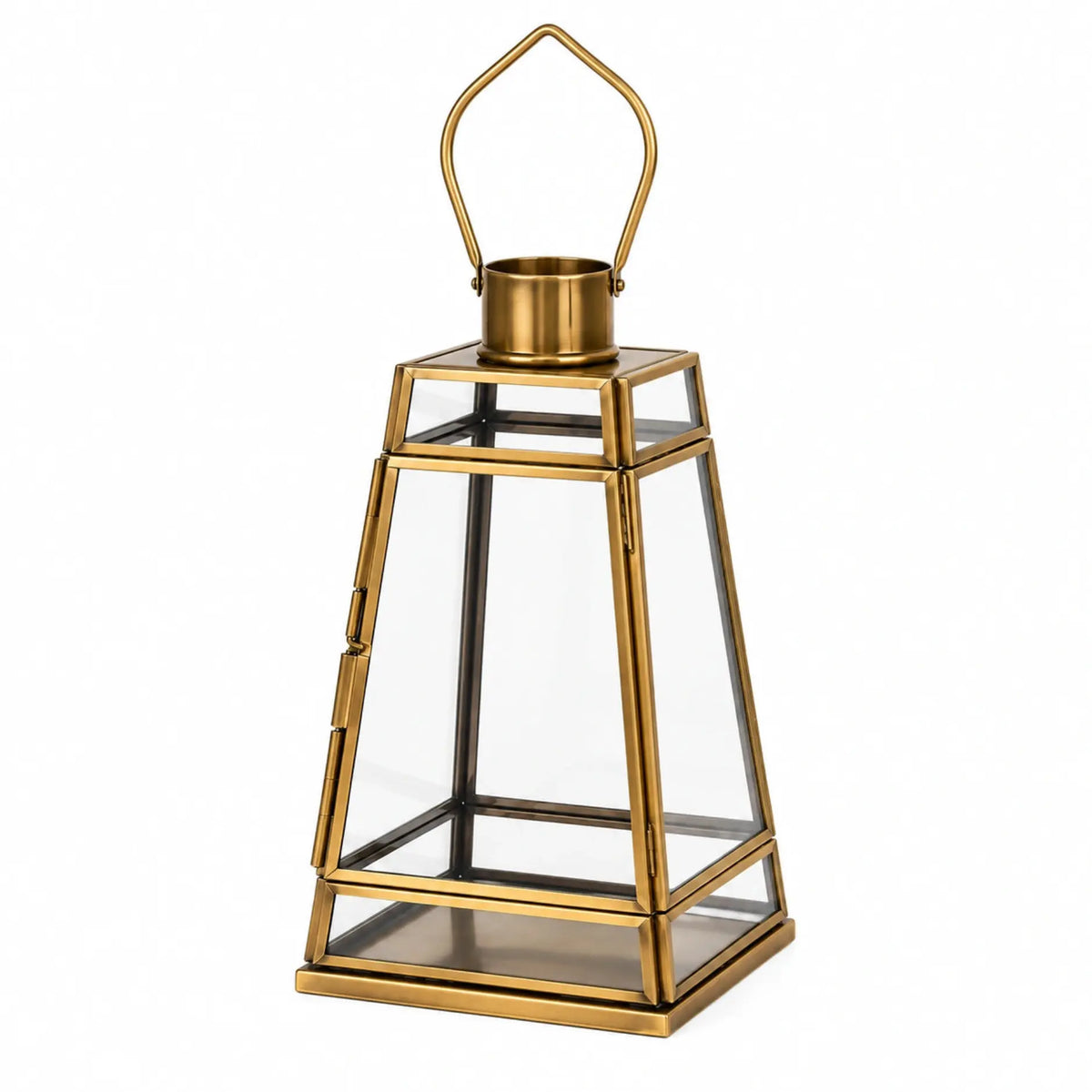 Decorative Antique Brass Glass Hanging Lantern by ILLUMEA, a compact geometric lighting accent suitable for consoles, dining areas, living rooms, balconies and entryways.