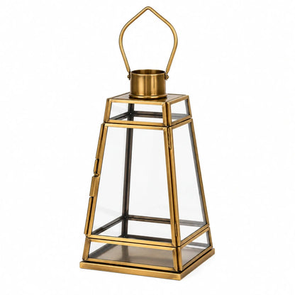 Decorative Antique Brass Glass Hanging Lantern by ILLUMEA, a compact geometric lighting accent suitable for consoles, dining areas, living rooms, balconies and entryways.