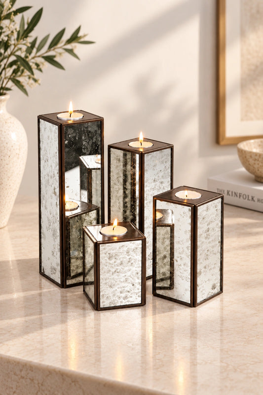 Square Candle Holder Stand Set of 4 With Silver Antique Glass – ILLUMEA luxury decorative candle holders featuring square metal frames and textured silver mercury glass panels