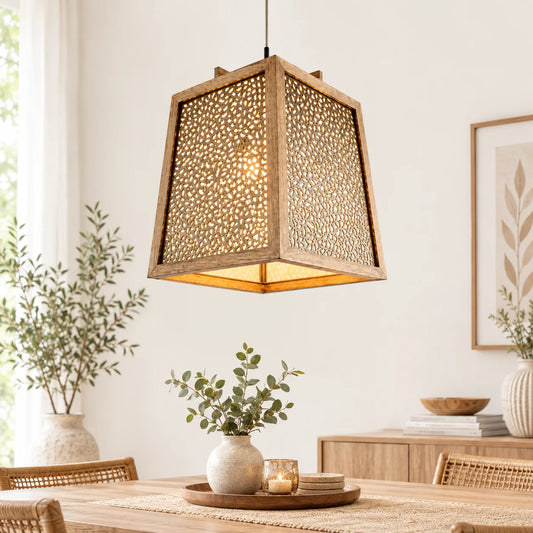 Square Wooden Pendant Light with Floral Cutwork – ILLUMEA Decorative Hanging Lamp