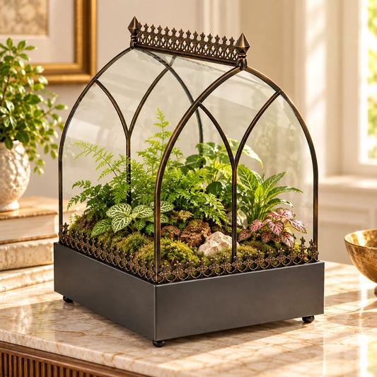 Elegant Wardian Case Curved Glass Terrarium showcasing luxury terrarium design and exquisite botanical display.