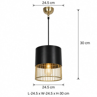 Black Wire Pendant Lamp Featuring a Sleek Cylindrical Shade and Elegant Gold Metal Cage Design | ILLUMEA