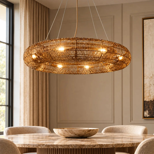 Luxury Wire Mesh Tube Chandelier – ILLUMEA statement ceiling lighting fixture with intricate wire mesh detailing and a unique rounded design for modern interiors