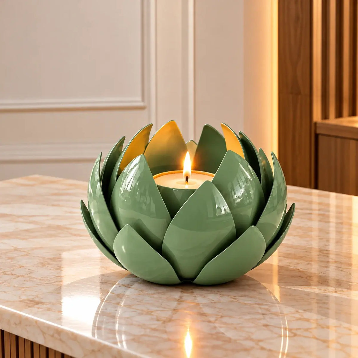 Elegant green candle adorned with shimmering green metal leaf, perfect for luxurious home decor and ambiance