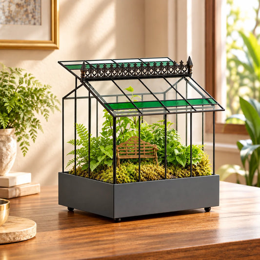 Luxury glass Wardian case terrarium planter showcasing elegant, modern indoor greenery design in exquisite craftsmanship