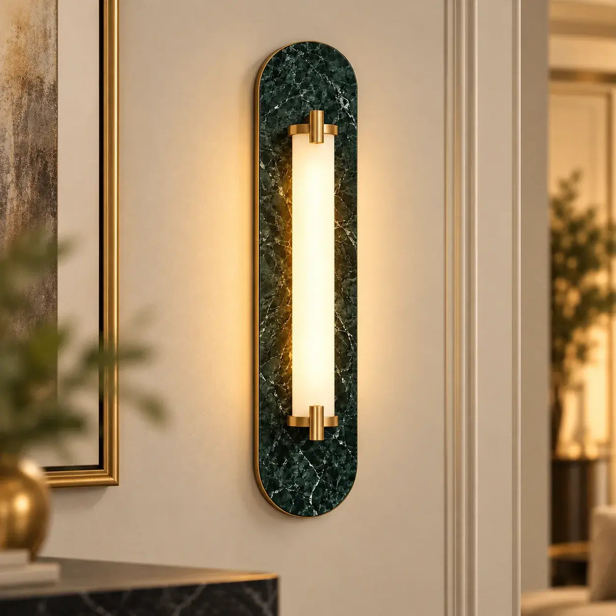 Elegant Modern Marble Brass Wall Lamp showcasing premium marble and brass materials for luxury interior lighting.