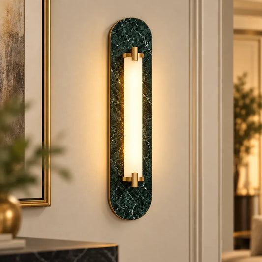 Elegant Modern Marble Brass Wall Lamp showcasing premium marble and brass materials for luxury interior lighting.