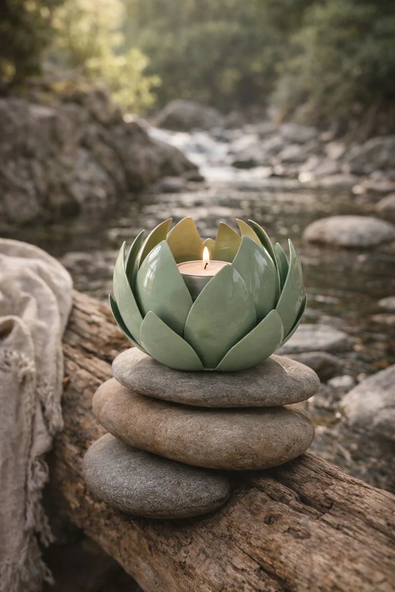 Green Metal Leaf Hurricane Candle