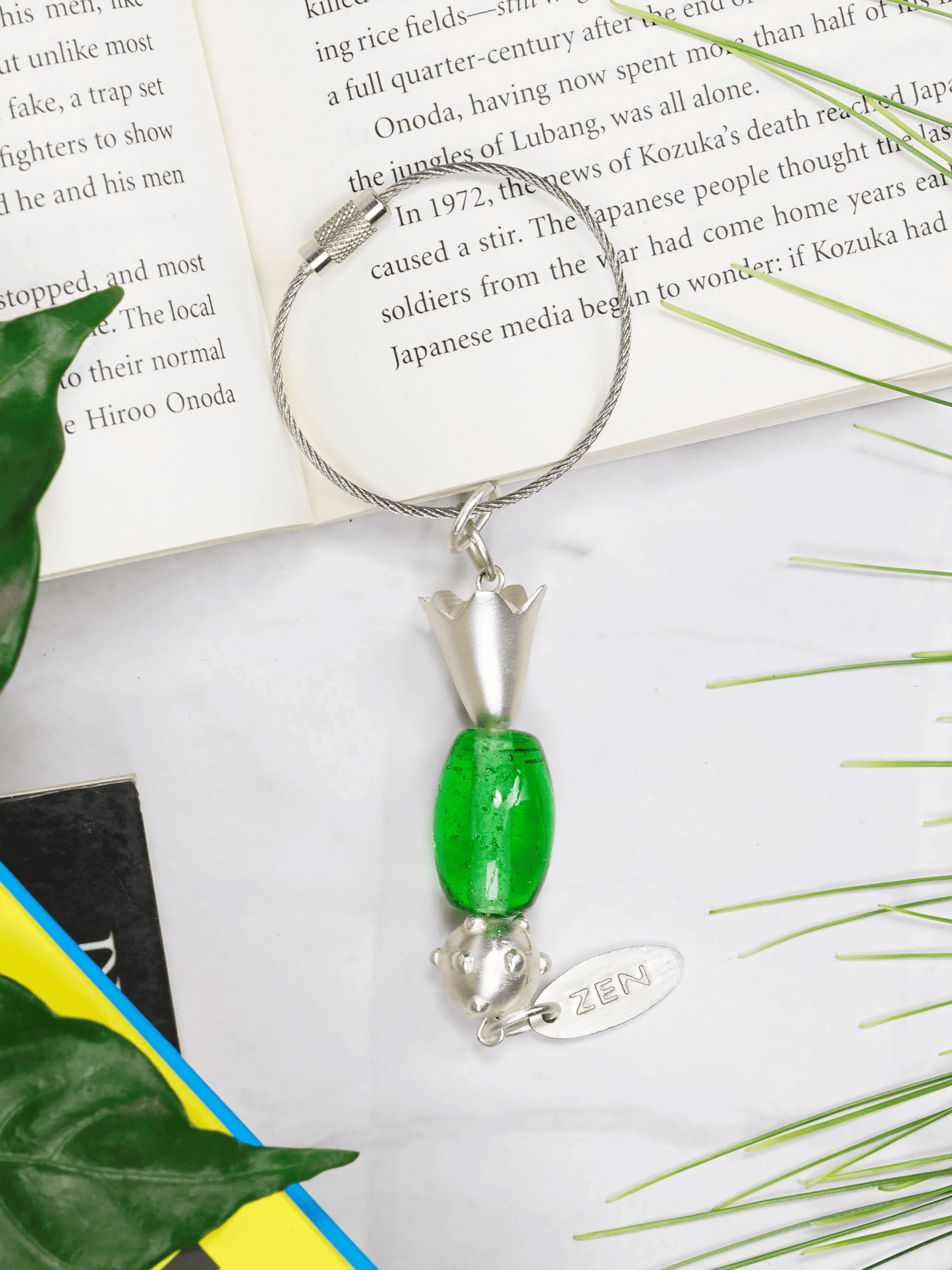 Green Oval Glass Bead Handmade Silvered Brass Keychain - ILLUMEAKey Chain