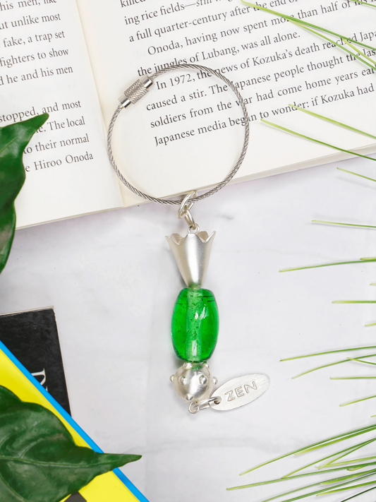 Green Oval Glass Bead Handmade Silvered Brass Keychain - ILLUMEAKey Chain