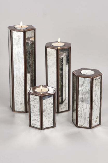 Hexa Candle Holder Set of 4 With Silver Antique Glass - ILLUMEA - ILLUMEATea light