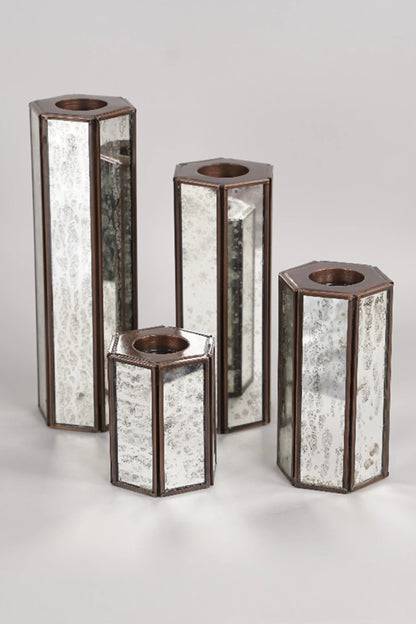 Hexa Candle Holder Set of 4 With Silver Antique Glass - ILLUMEA - ILLUMEATea light
