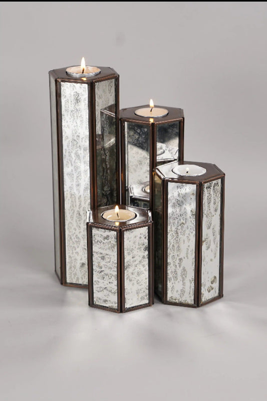 Hexa Candle Holder Set of 4 With Silver Antique Glass