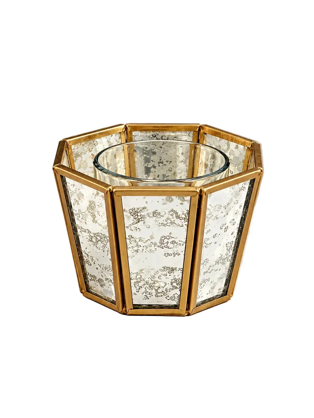 Elegant hexagonal linear tealight candle holder featuring antique design, perfect for luxury home decor and ambient lighting.