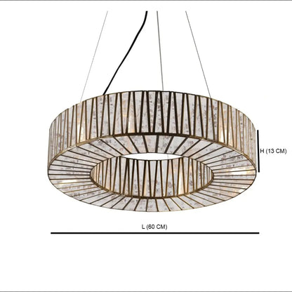 Chandelier with dimensions labeled on a white background