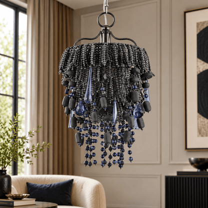 Luxury Nora Smoke Grey Mini Chandelier – ILLUMEA decorative ceiling light with intricate beadwork and crystal detailing for contemporary home interiors